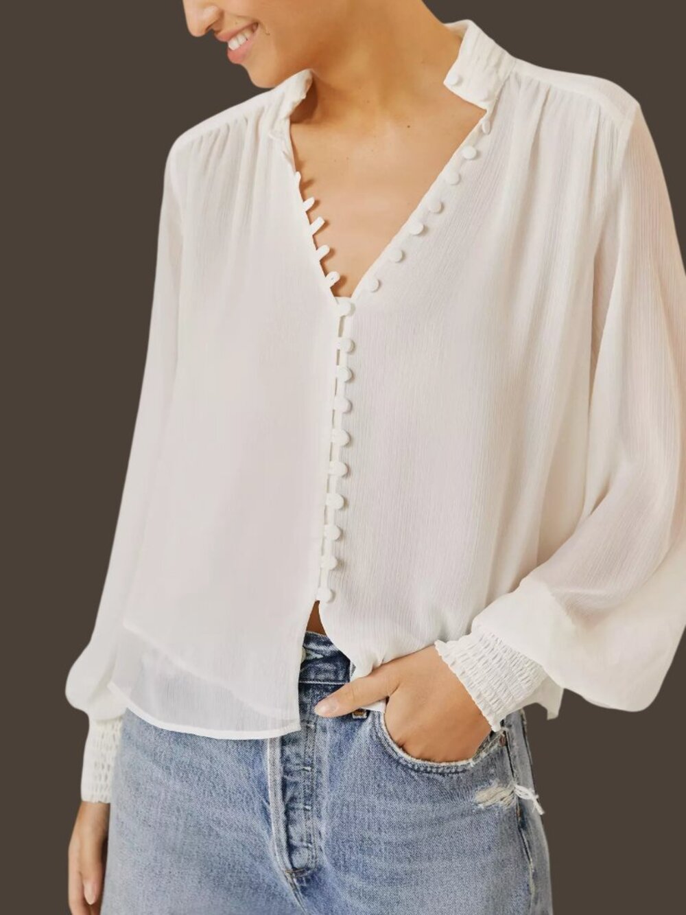Anthropologie V-Neck Button-Down Blouse Long Sleeve Sheer White Medium 10